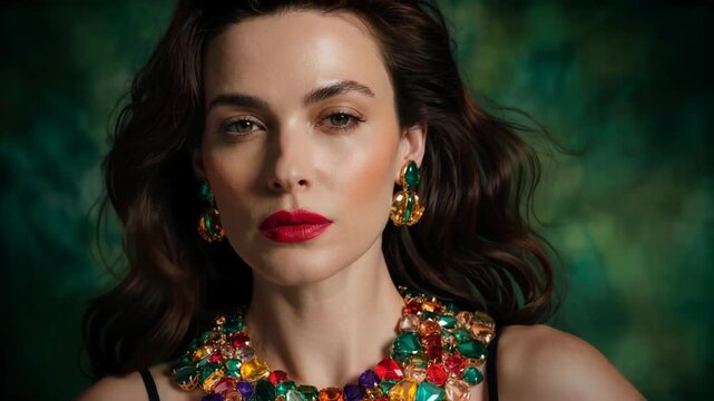 Woman Wearing Vibrant Gemstone Jewelry Posing for Portrait Against Moody Green Backdrop