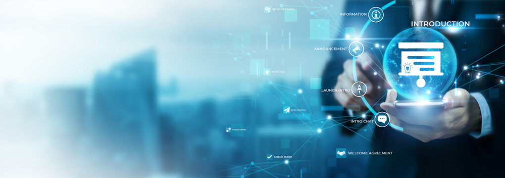 Businessman Using Phone for Introduction and Global Data Analysis. Corporate Orientation Overview, New Business Presentation, Professional Getting Started Guide, Executive Onboarding Concept