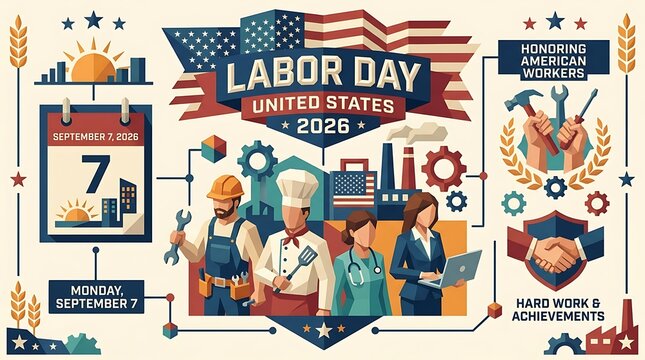 Labor day united states 2026 celebration banner with diverse workers