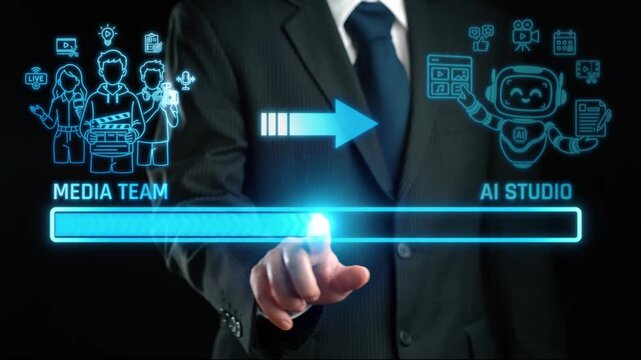 Businessman in Suit Interacting with Digital Interface Representing Media Team and AI Studio Transformation Process. Liminal.