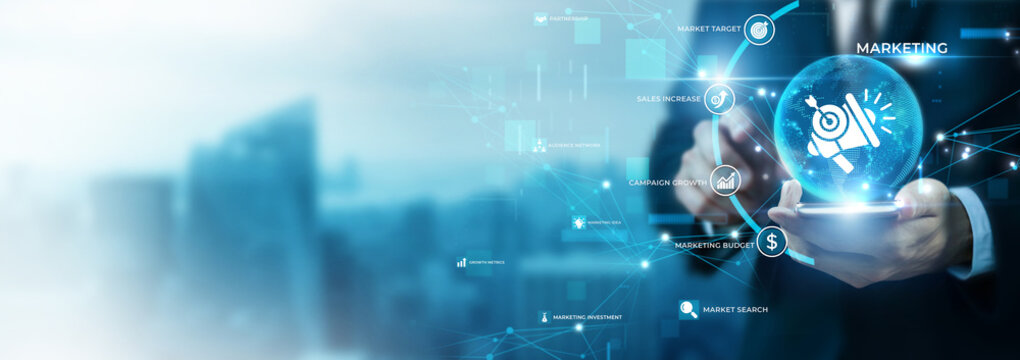 Businessman Using Phone for Marketing and Global Data Analysis. Strategic Digital Advertising, Brand Promotion Campaign, Market Research Analytics, Target Audience Engagement