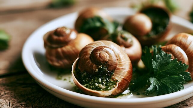 Elegant escargots bathed in garlic butter a delectable French culinary experience awaits your view
