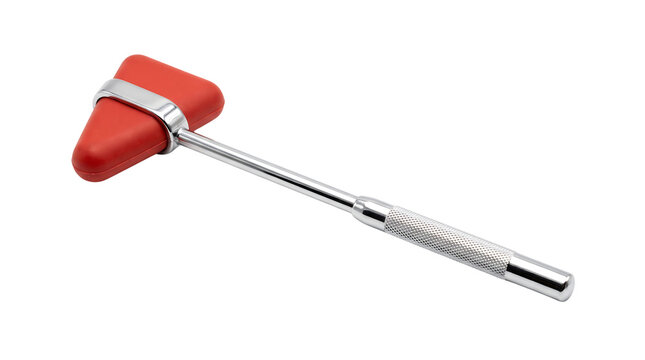 Medical reflex hammer with a red rubber head for neurological diagnostic testing isolated on transparent background