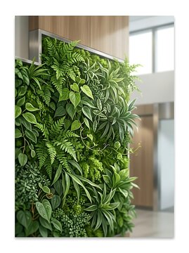 Lush green vertical garden wall in modern office interior