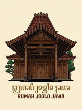 Traditional javanese joglo house illustration with intricate wood