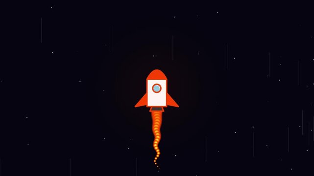 Minimalist rocket ship launching into outer space with fire trail, flat design vector illustration of spacecraft flying in dark starry sky