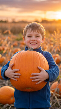 Young boy holding large orange pumpkin in a pumpkin patch during sunset, surrounded by rows of pumpkins and golden fields in the background