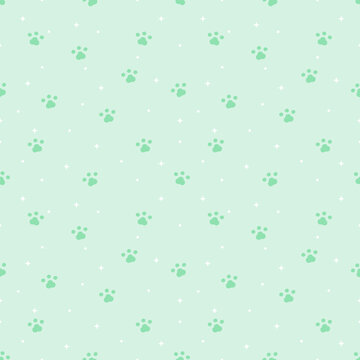 Mint Green Dog Paw Seamless Pattern with Cute Pastel Background