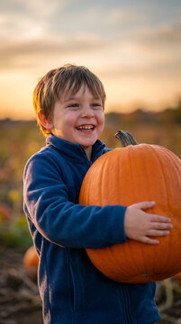 Young boy in blue jacket joyfully holds a large orange pumpkin while standing in a pumpkin patch during sunset with fields and sky in the background