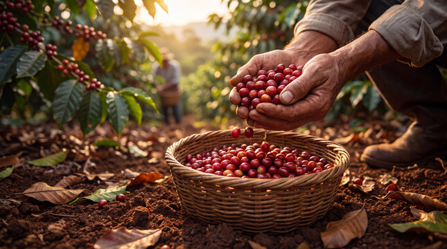 Hands gathering ripe coffee cherries in a lush plantation, showcasing the beauty of coffee harvesting and the connection to nature's bounty.
