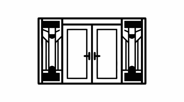 Art Deco double door vector icon, vintage architectural entrance with geometric sidelights, black line art house door isolated on White Background