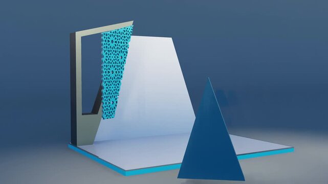 3D animation photo booth Arabic Islamic geometric ornament build reveal orbit left center teal blue mashrabiya panel wedding event backdrop