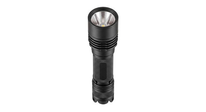 Modern black tactical flashlight with textured grip and bright LED light