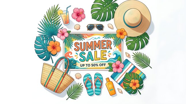 Summer sale banner with tropical leaves and beach accessories