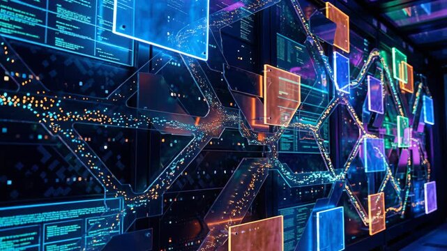 Data flowing through server racks representing a futuristic system for information exchange technology and connectivity.