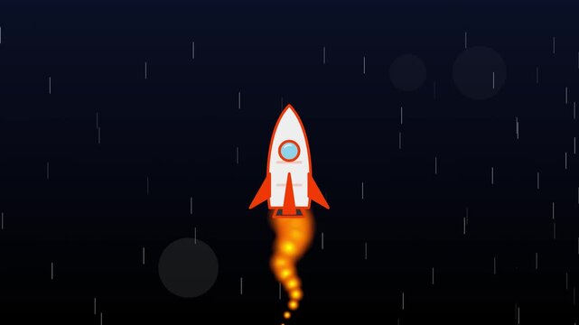 Animated rocket ship launching into outer space with fire trail and speed lines motion render illustration graphic