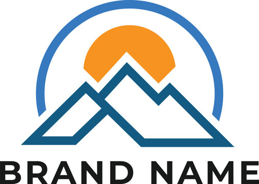 Minimalist mountain and sun logo design, adventure travel brand identity, outdoor peak vector icon for business and corporate template