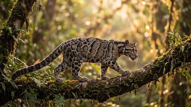 Powerful backlighting creates a striking rim light effect around the silhouette of a Neofelis nebulosa perched high within a dense rainforest canopy.