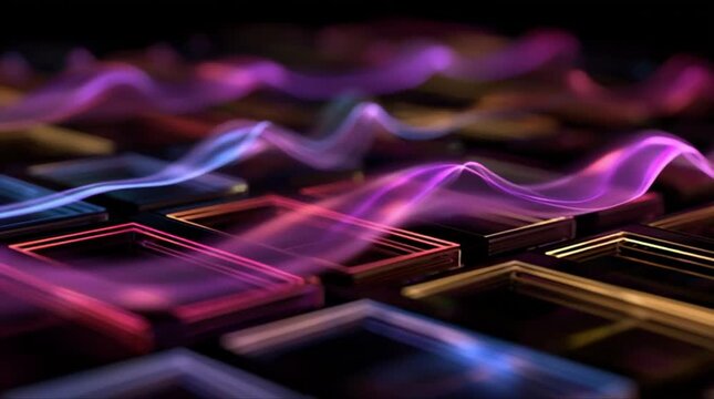 Close up shot of silicon microchip wafer array with glowing magenta and purple light waves during precision semiconductor manufacturing process (AI Generated)
