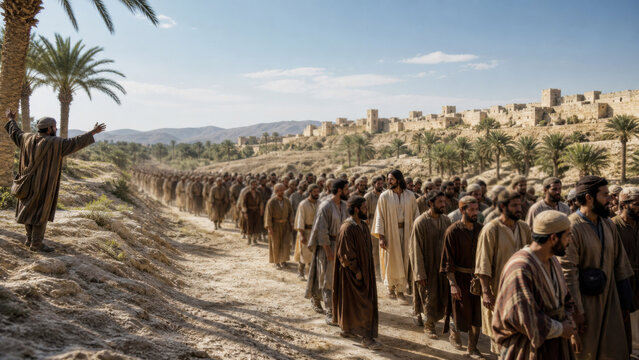 Jesus leading a crowd through a desert valley toward an ancient settlement. Biblical journey, faith, discipleship, spiritual guidance, and pilgrimage concept.