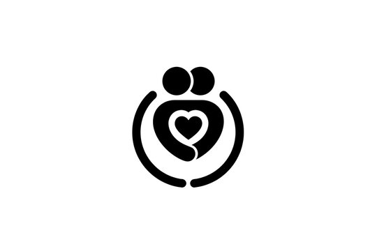 Support symbol featuring two figures embracing a heart black silhouette on white care empathy compassion.