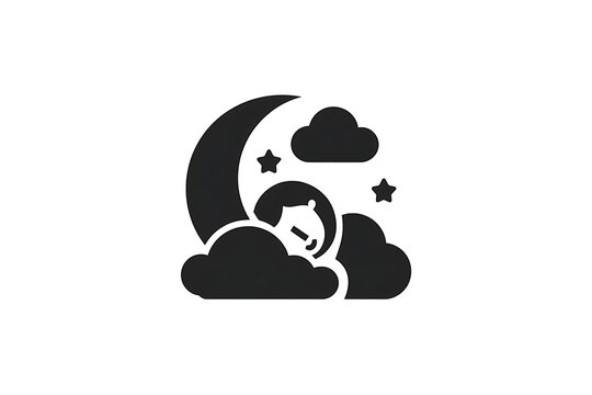 Sleeping figure rests amongst clouds and a crescent moon a black silhouette design slumber restful. 