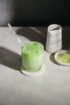 Bright green iced matcha green tea latte