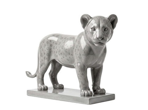 Ceramic lion cub figurine isolated on white background for interior home decor design.