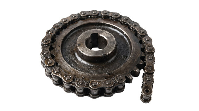 Metal gear sprocket with attached roller chain for mechanical machine assembly isolated on transparent background