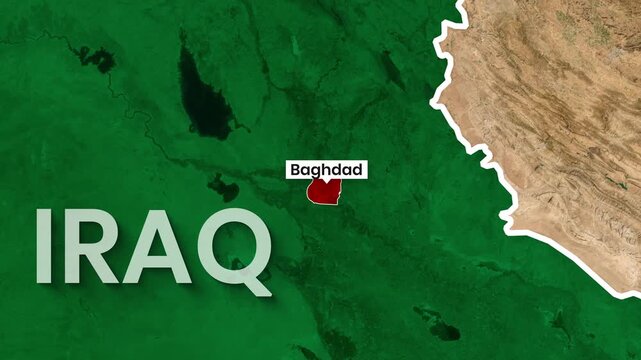Animated map animation highlighting Iraq and Baghdad with satellite view