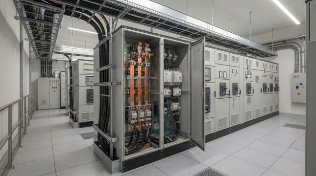 Industrial electrical control panel room with open cabinet and copper busbars image photo