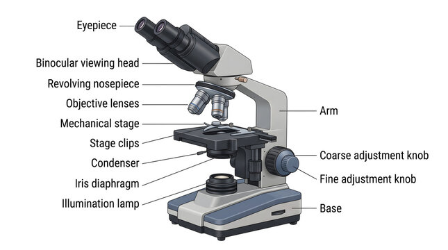 Labeled educational diagram showing the anatomical parts of a laboratory binocular light microscope