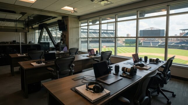 Modern Office Space with Baseball Stadium View and Photography Gear standard image