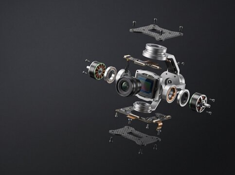 Exploded view of drone camera gimbal module showing internal brushless motors, lens, and sensor on dark background