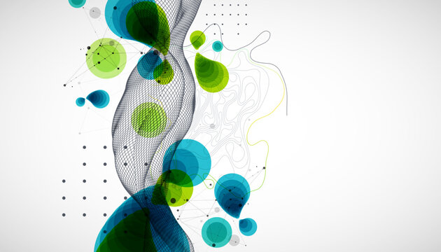 Abstract geometric background with green and blue circles and wireframe wave. Vector
