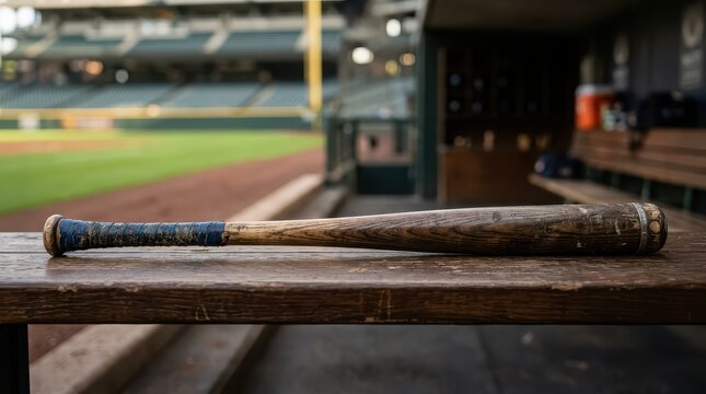 Wooden baseball bat resting on a bench in a dugout with a baseball field in the background image photo
