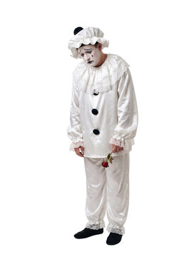 A sad Pierrot mime in a white satin costume and makeup holding a single red rose, isolated on a transparent background.