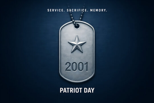 Patriot day september 11 2001 memorial featuring a silver military dog tag with a star symbol on a dark blue textured background