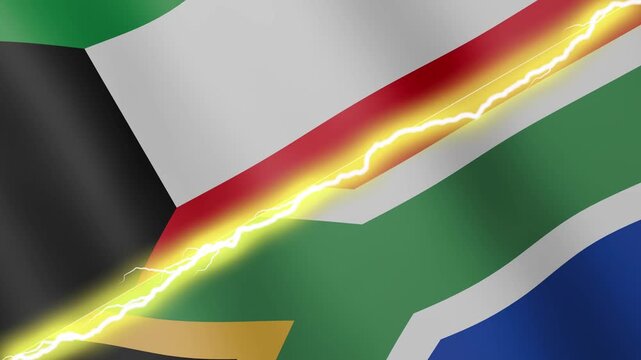 Two waving flags Kuwait and South Africa with diagonal lightning seamless, 4k loop