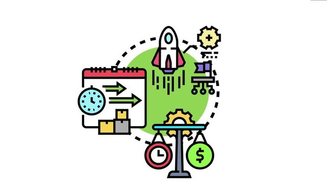 Bidding start countdown setup process icon concept a rocket launch for project initiation, time management on a calendar, and balancing time with financial investment