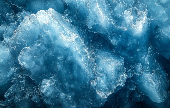A close-up view of textured ice with deep blue hues and intricate crystalline patterns, showcasing natural frozen formations.