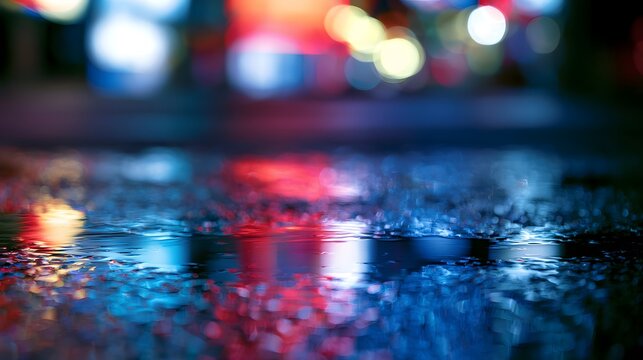 Vibrant city reflections illuminate wet asphalt a mesmerizing urban landscape stock photo aesthetic