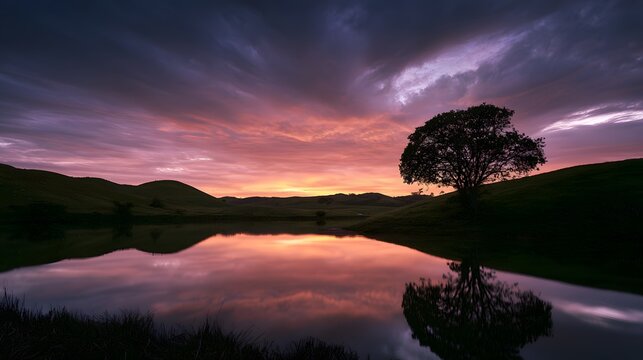 Serene twilight lake reflects vibrant sky over lush green hills a solitary tree silhouette
