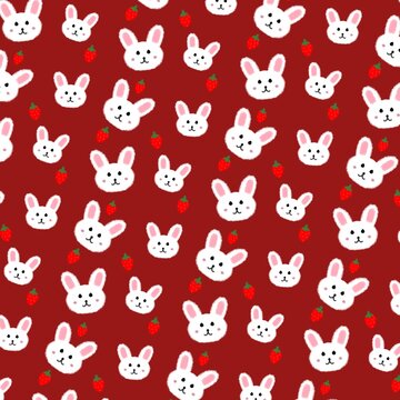 Cute Bunny and Strawberry Seamless Pattern on Red Background