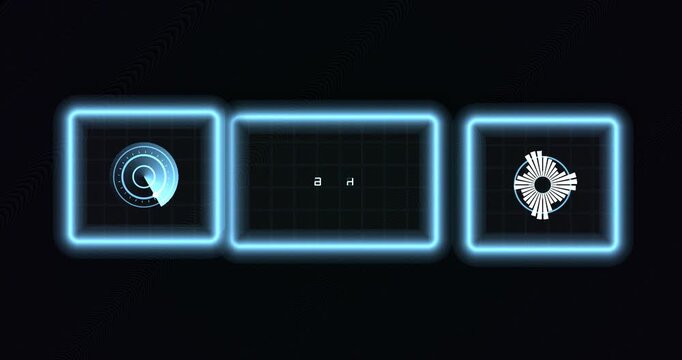 Set of futuristic digital hud interface panels with neon blue glowing radar and data elements