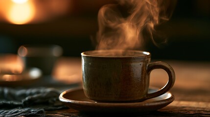 Fototapeta premium Steaming cup of hot coffee on a rustic wooden table.