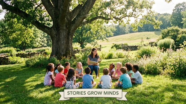 Teacher reading storybook to children sitting on garden lawn, outdoor classroom
