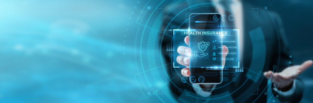 Insurance agent hand hold phone with Health Insurance interface. Healthcare policy management app, medical claim tracking screen, health cover portal dashboard, insurance benefit tool