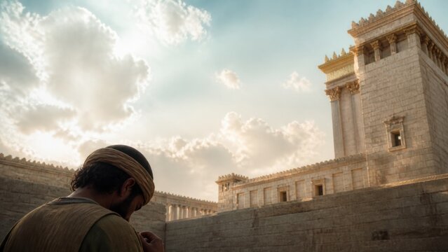 Man praying humbly before an ancient temple. Biblical scene of persistent faith, devotion, and spiritual reflection beneath a radiant sky in Jerusalem.