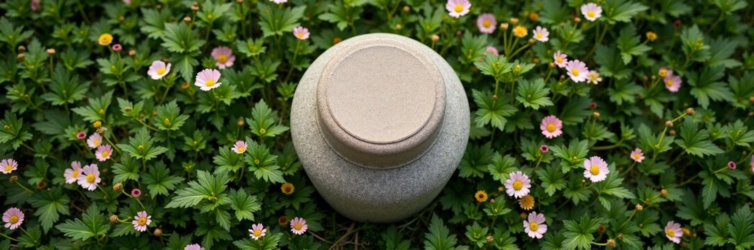Remembrance urn surrounded by pink flowers and green leaves for heartfelt memorials. Beautiful cremation urn showcased in natural setting, symbolizing love and remembrance.